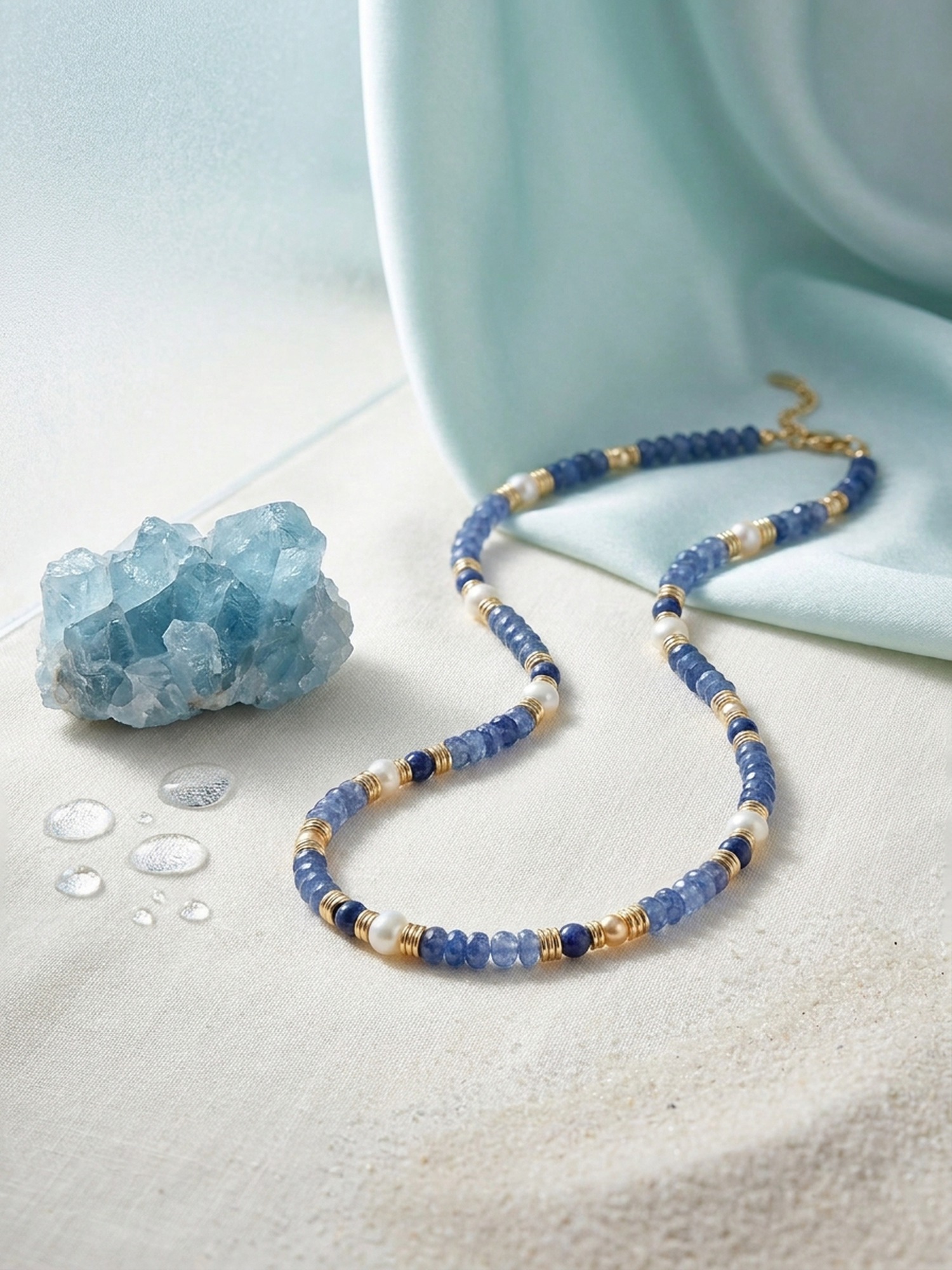 Aquamarin Schmuck mit blauen Sodalith-Steinen und Süßwasserperlen — Naturstein-Editorial