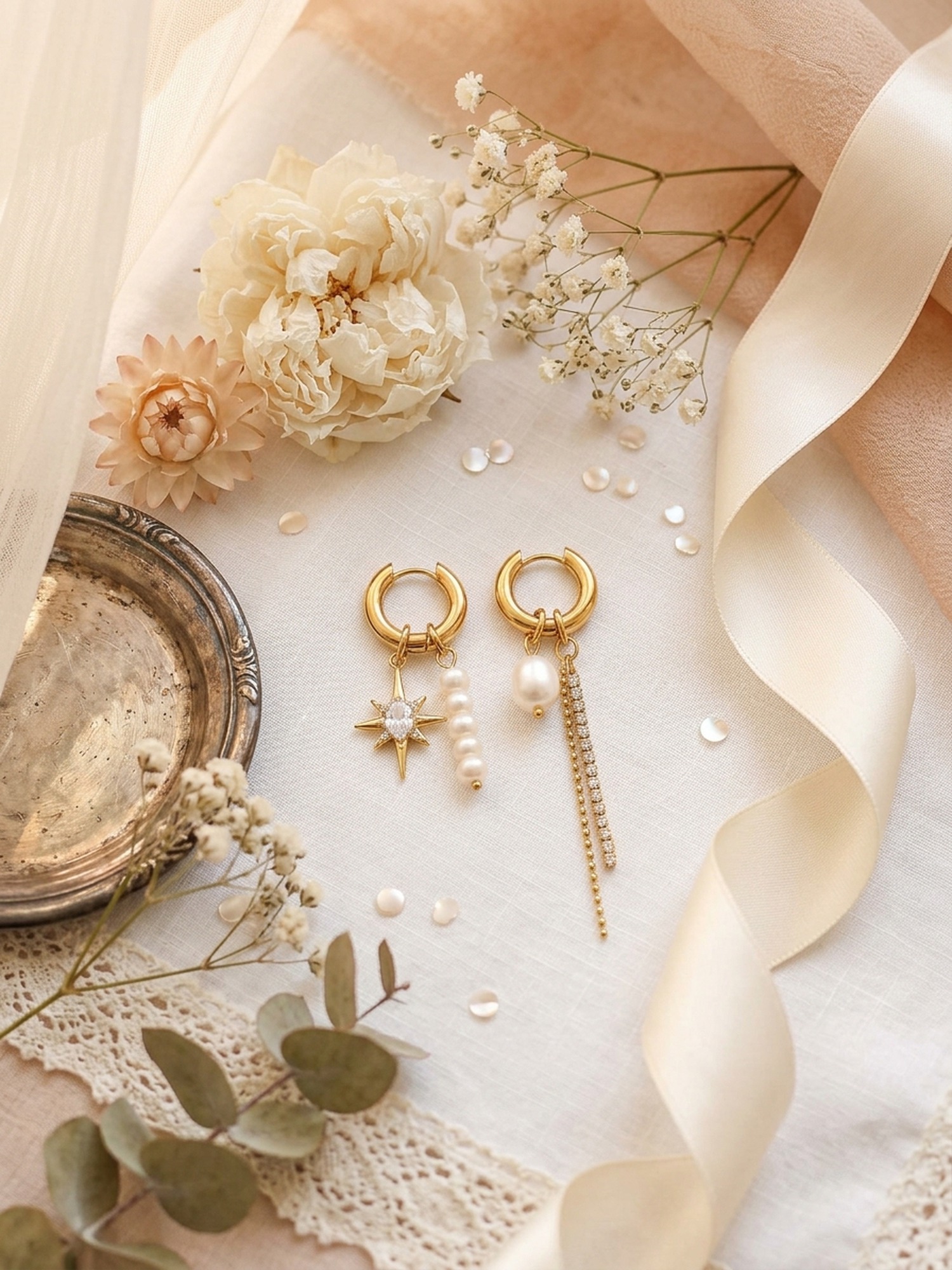 Brautschmuck Editorial Flatlay — Stella & Perla Ohrringe mit Pfingstrosen und Spitze