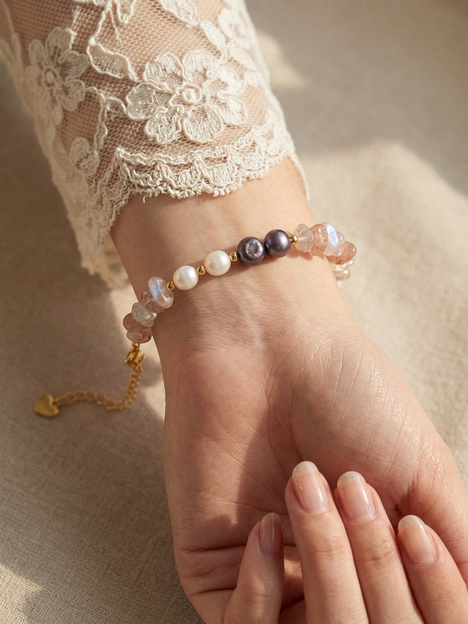 Mondlicht Mondstein-Armband am Handgelenk einer Braut — Adularescence