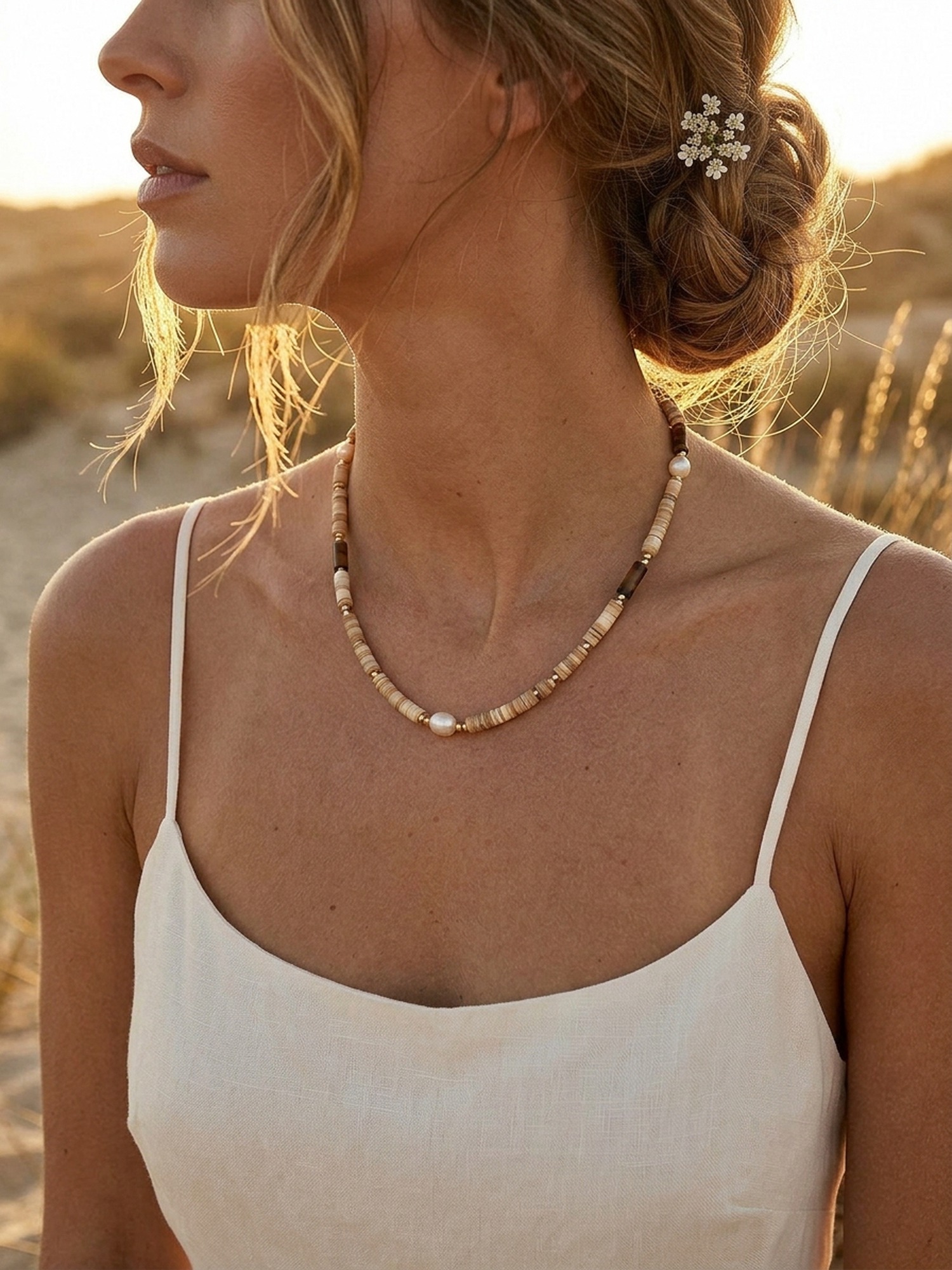Boho-Braut auf Düne mit Earthlines Naturstein-Kette — Sommerhochzeit