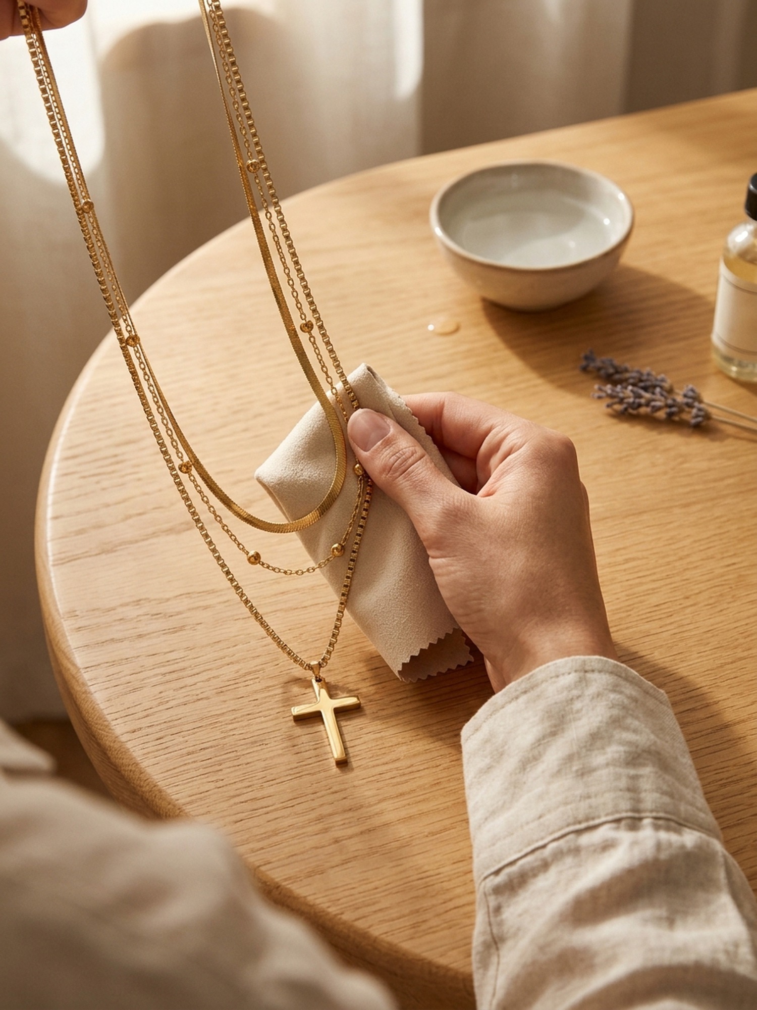 18K vergoldete Kette mit Mikrofasertuch reinigen — Pflege HowTo