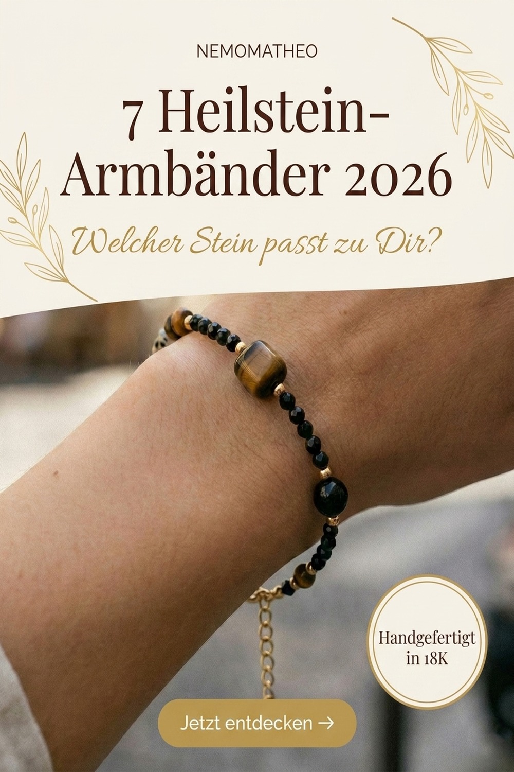 Sieben handgefertigte Heilstein-Armbänder mit <a href=