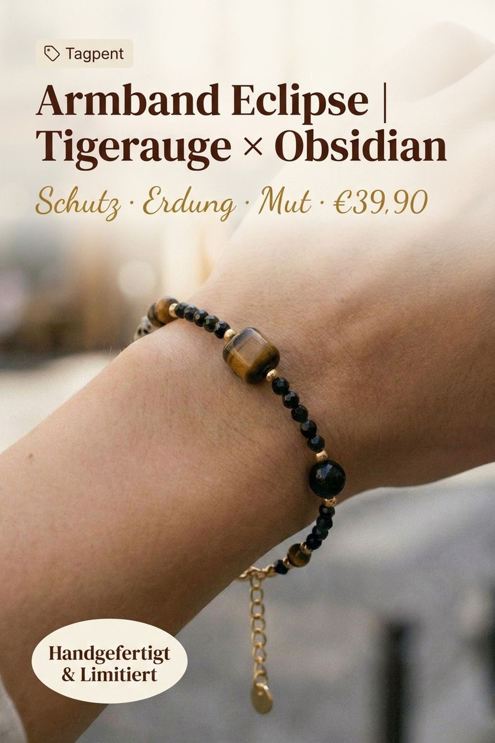 Armband Eclipse — Tigerauge & Obsidian, handgefertigt von NemoMatheo Berlin