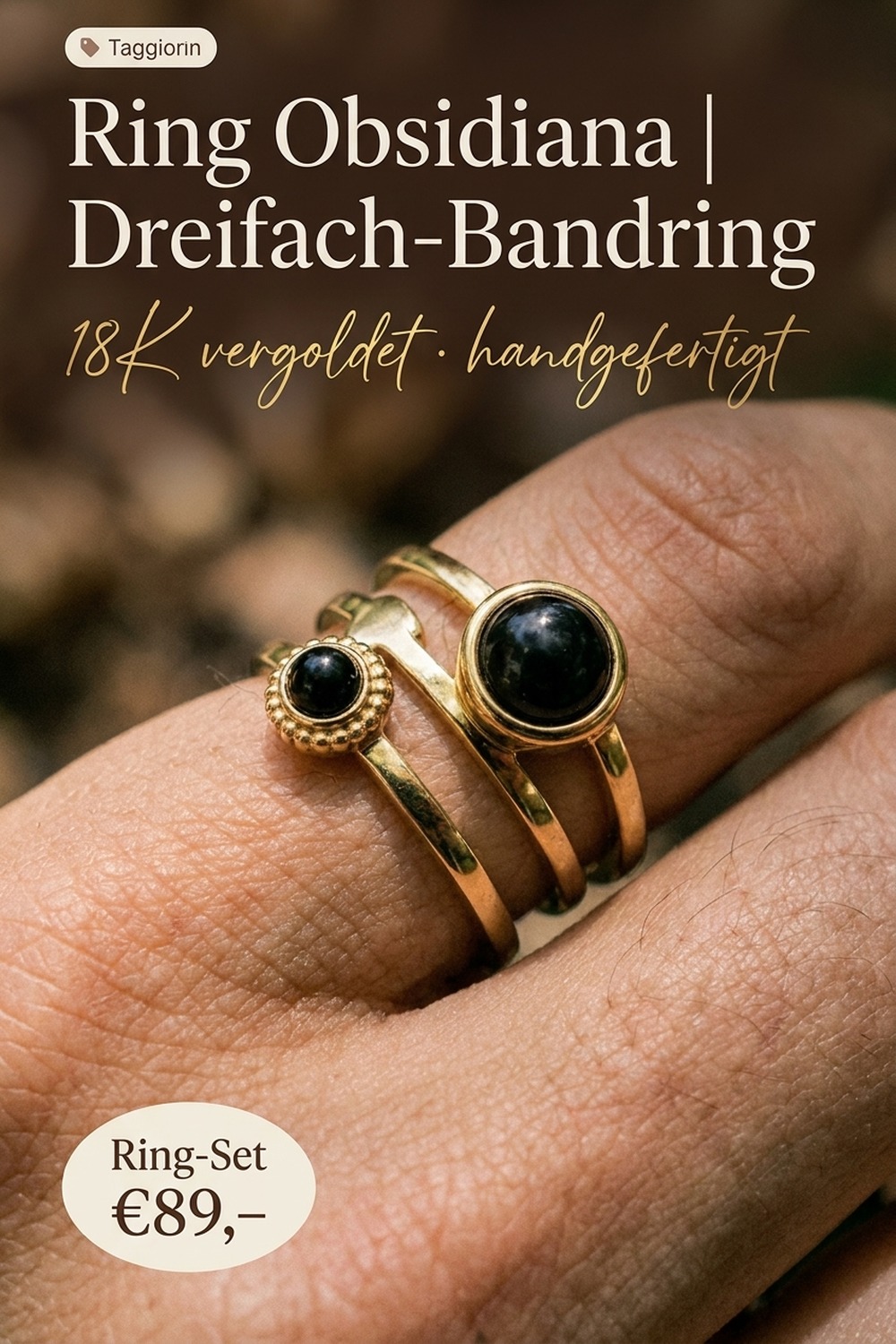 Ring Obsidiana — dreifacher Bandring mit Obsidian, handgefertigt von NemoMatheo Berlin