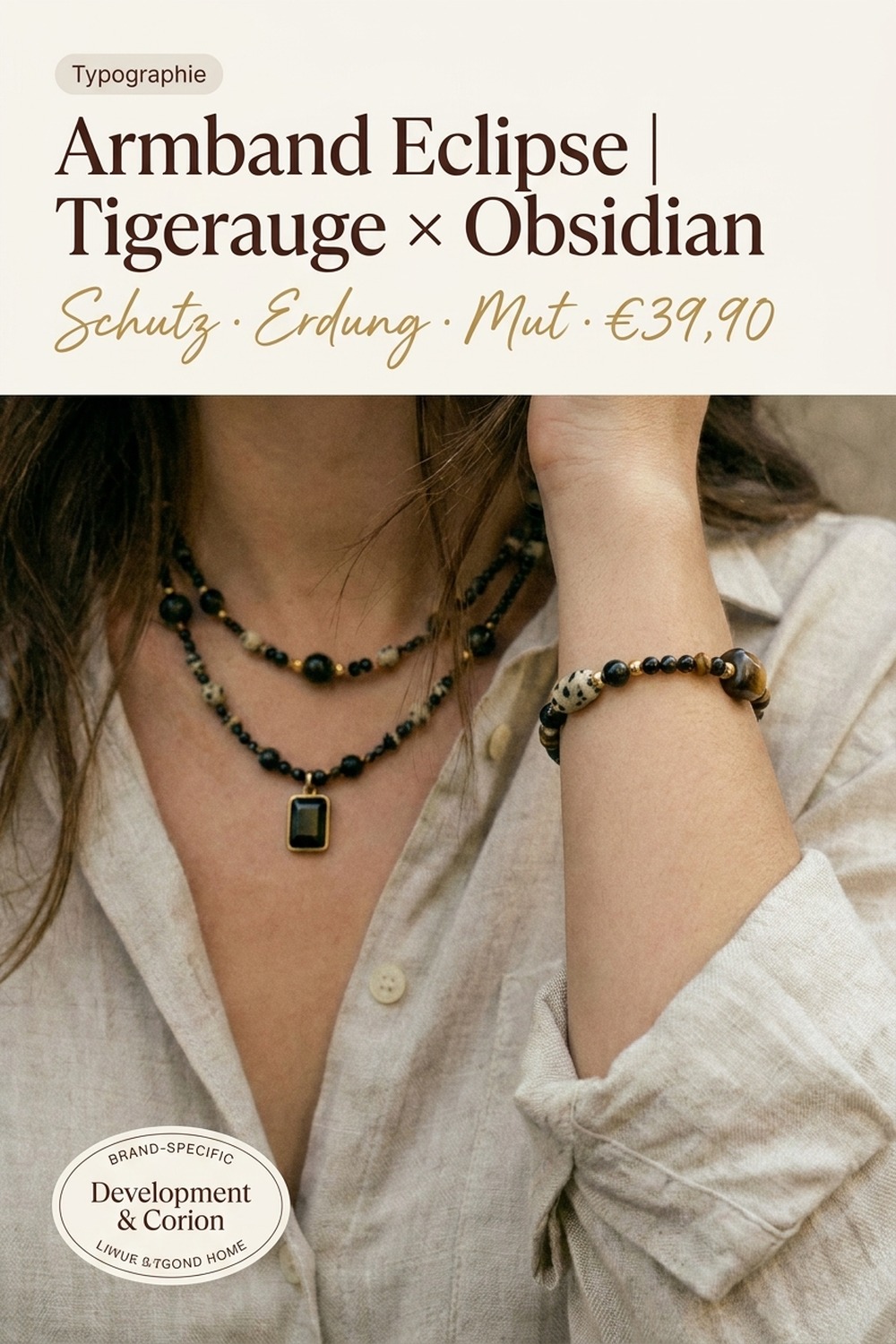 Armband Eclipse — Tigerauge × Obsidian, handgefertigt von NemoMatheo Berlin