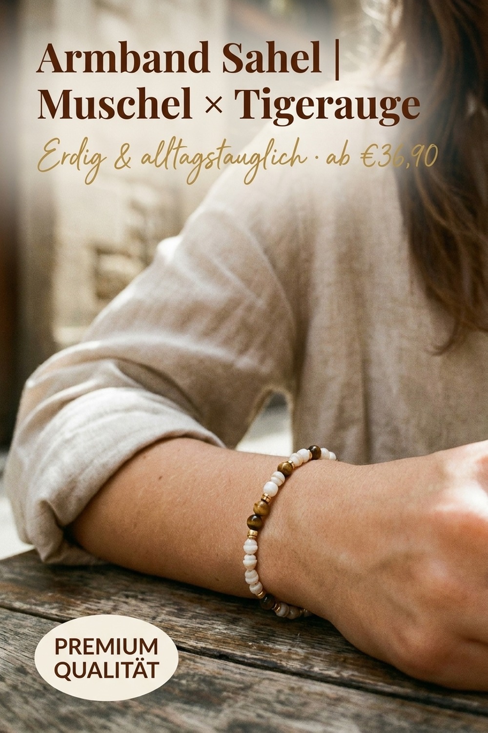 Armband Sahel — Muschel × Tigerauge, handgefertigt von NemoMatheo Berlin