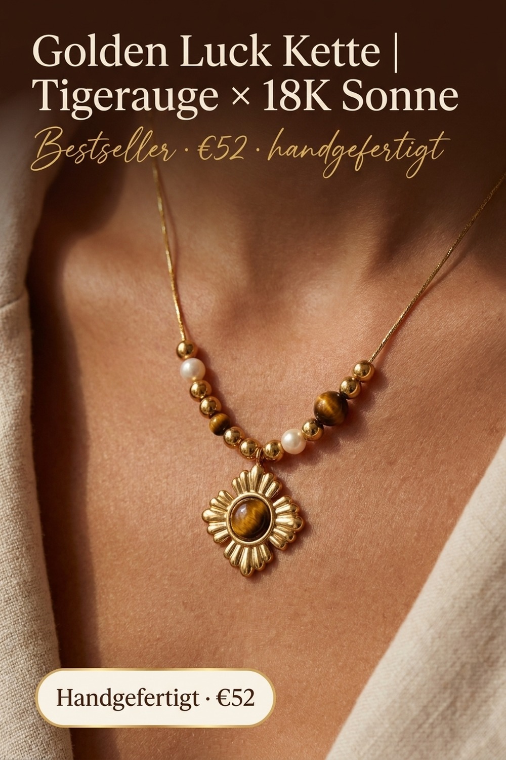 Golden Luck Kette — Tigerauge × Süßwasserperle × 18K Sonne, NemoMatheo Berlin