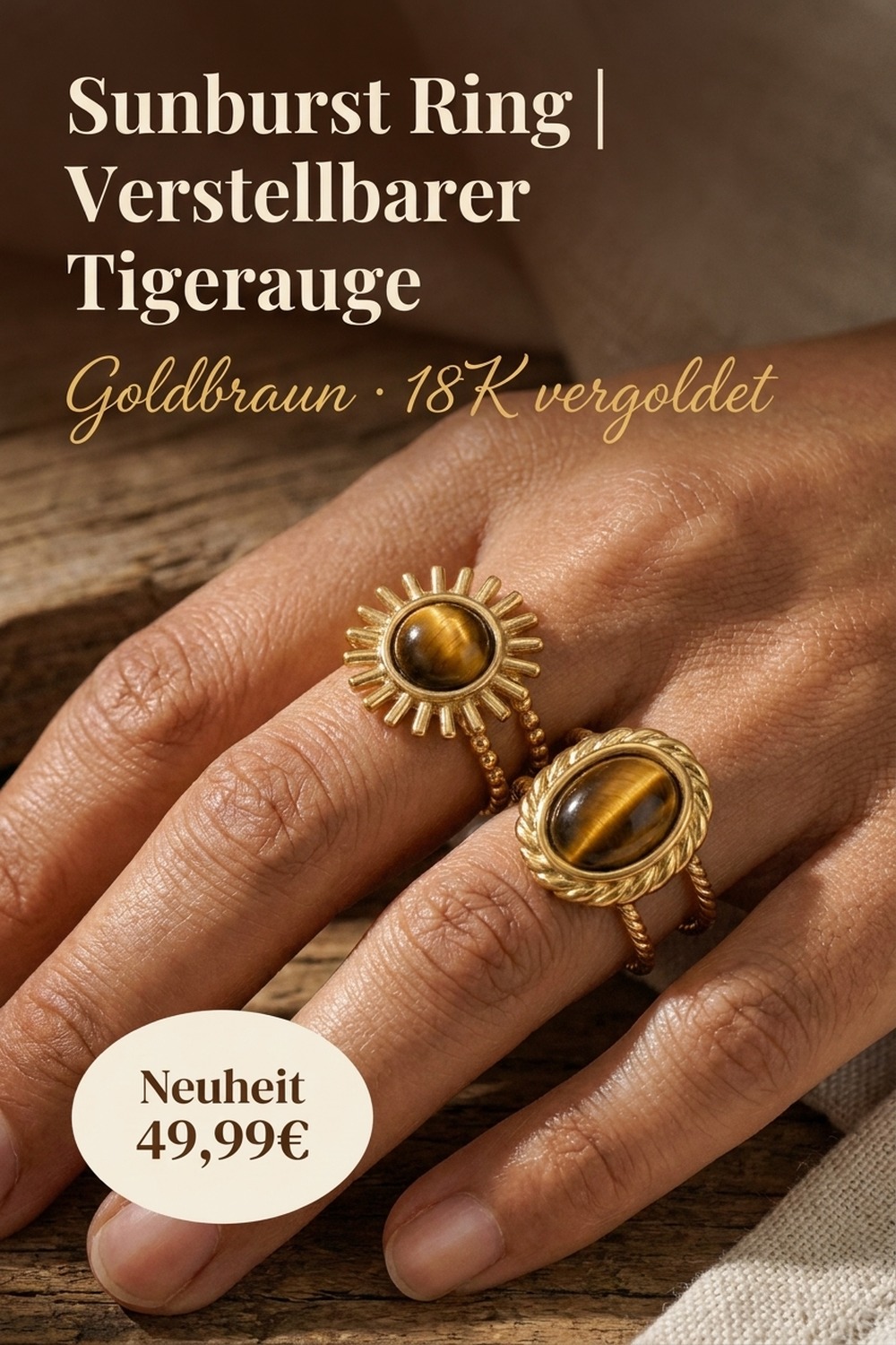 Sunburst Tigerauge-Ring, verstellbar, handgefertigt von NemoMatheo Berlin