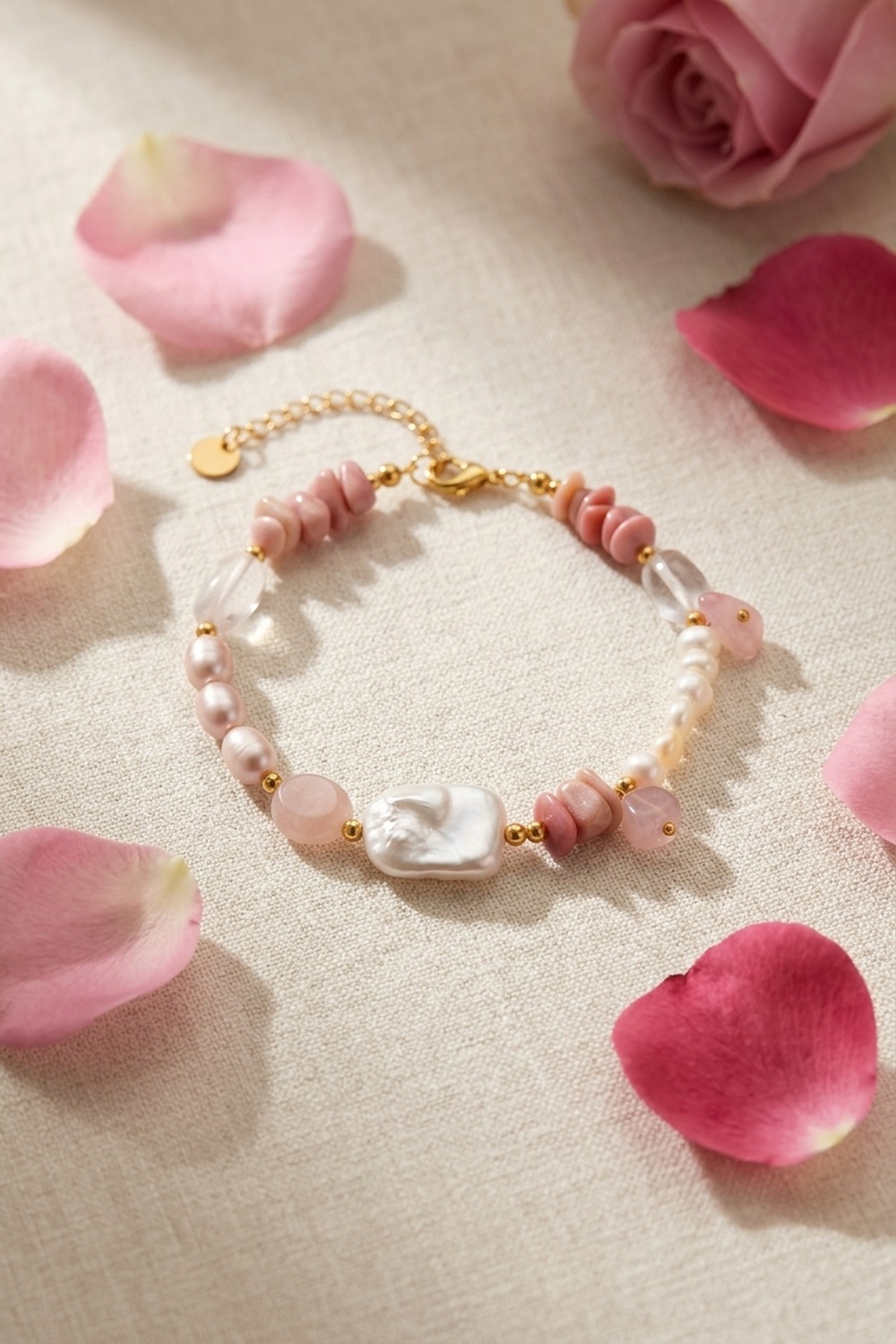 Rosengarten Armband mit Rhodonit und Süßwasserperle — Still Life mit Rosenblüten, NemoMatheo Berlin