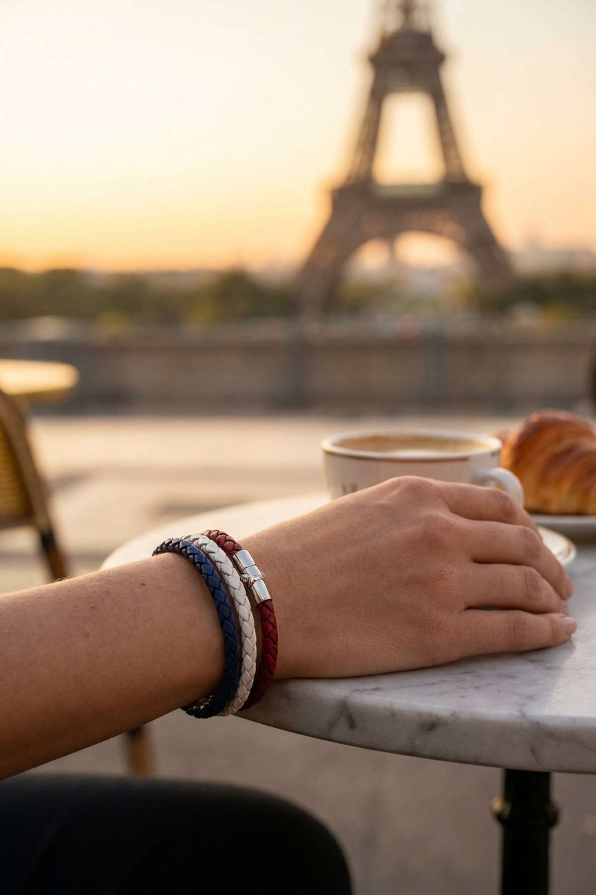 Frankreich Les Bleus Fan-Armband Bleu-Blanc-Rouge getragen — Paris Café Terrasse mit Eiffelturm, NemoMatheo Berlin